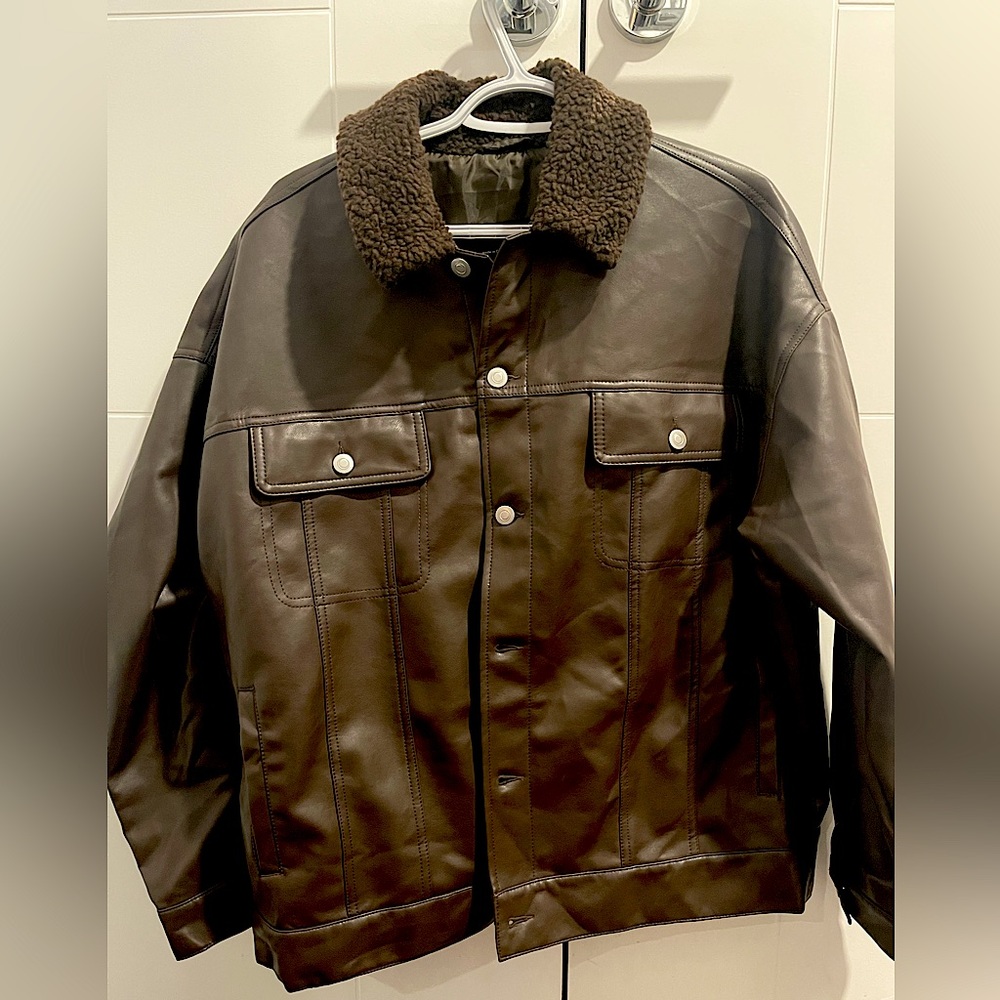 ASOS Design Oversized faux leather jacket with borg collar in Brown